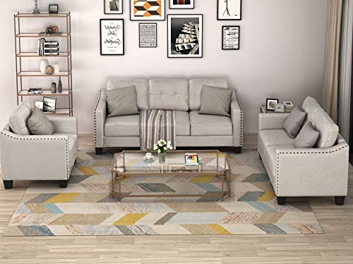 Knocbel Stylish 3-Piece Sofa Set Living Room Set with Tufted Cushions, Velvety Soft Linen Blend Fabric and Brass Nail Head Trip, Including 3-Seat Sofa, Loveseat and Accent Chair, Gray