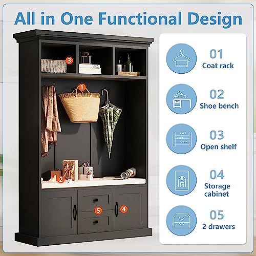 70.9 Inch Black Hall Tree, 3 in 1 Farmhouse Mudroom Bench with Storage and 4 Hooks, Wood Entryway Coat Rack Shoe Bench, Soft Cushion and Storage Drawers for Living Room, Bedroom, Hallway