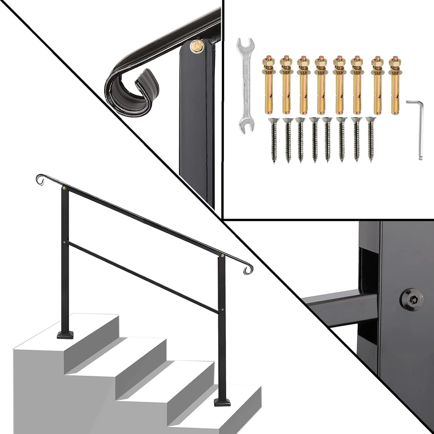 Outdoor Stair Railing,Black Wrought Iron Handrail,4 Step Transitional Handrail Metal Adjustable Outdoor Handrails for Exterior Steps with Installation Kit,Handrail with Installation Kit