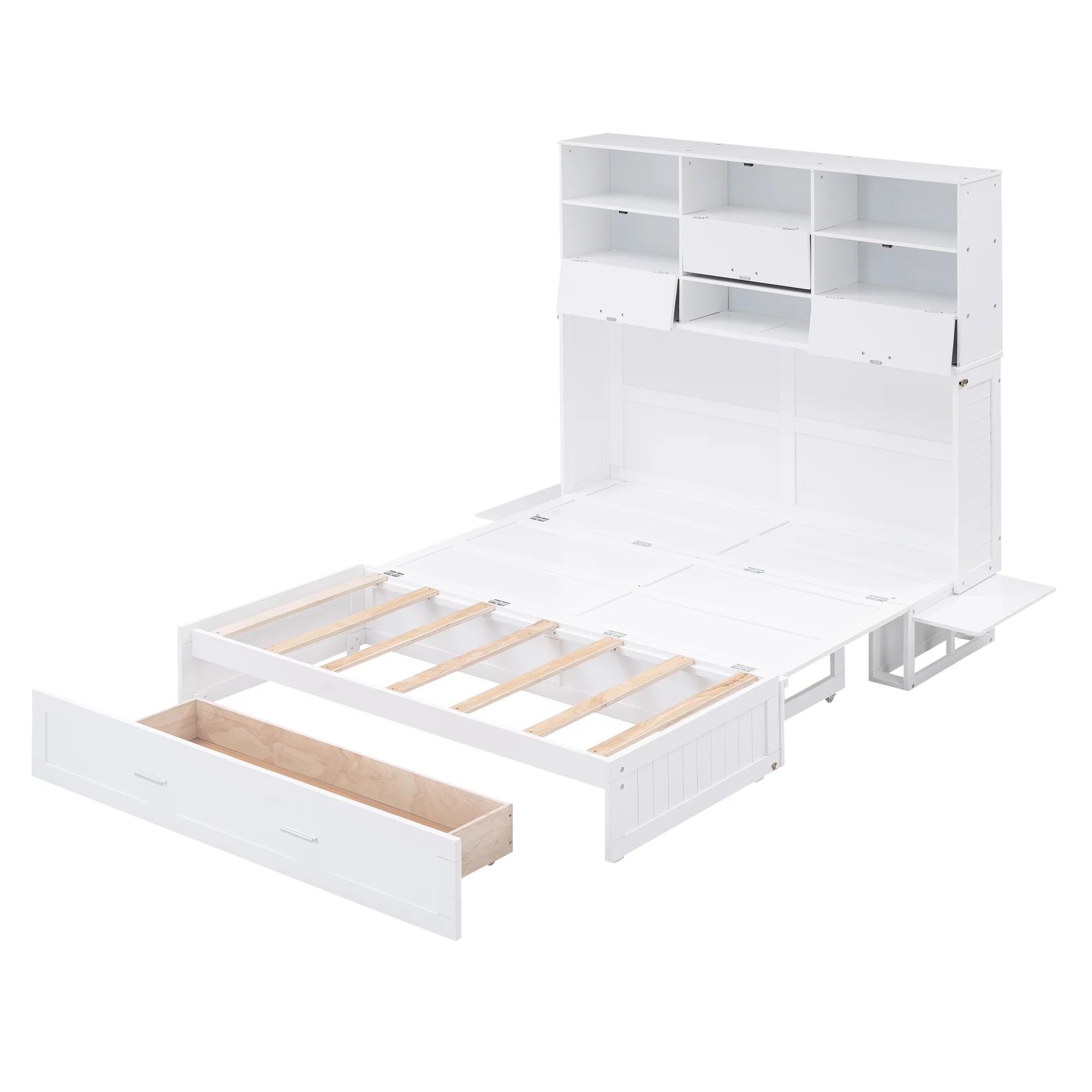 Euroco Queen Size Murphy Bed with Bookcase, Shelf and Drawer, Convertible into a Cabinet with Bookcase for Living Room, Space-Saving & Easy Open and Close, White