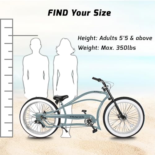 Tracer Siena Stretch Beach Cruiser Bike for Adults,Chopper Style with 1/3/7 Speed, Alloy Fat Rims and Fat Tires.
