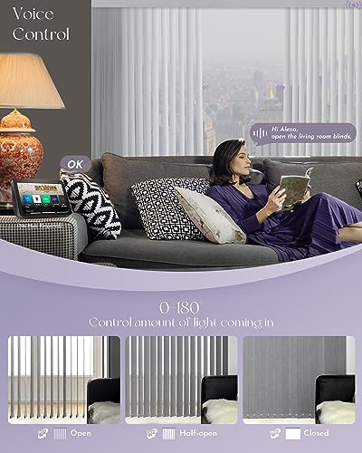 Graywind Motorized Vertical Blinds Compatible with Alexa Google Privacy Reversible Blackout Smart Vertical Blind Remote Control Track Slats Set for Home Office, Width Up to 157", Contract Color