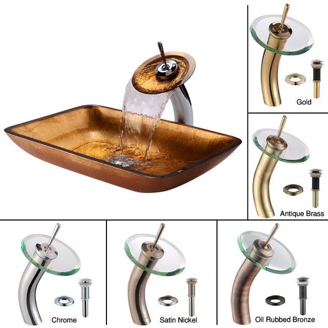 Kraus Golden Pearl Rectangular Glass Vessel Sink and Waterfall Faucet - Satin Nickel