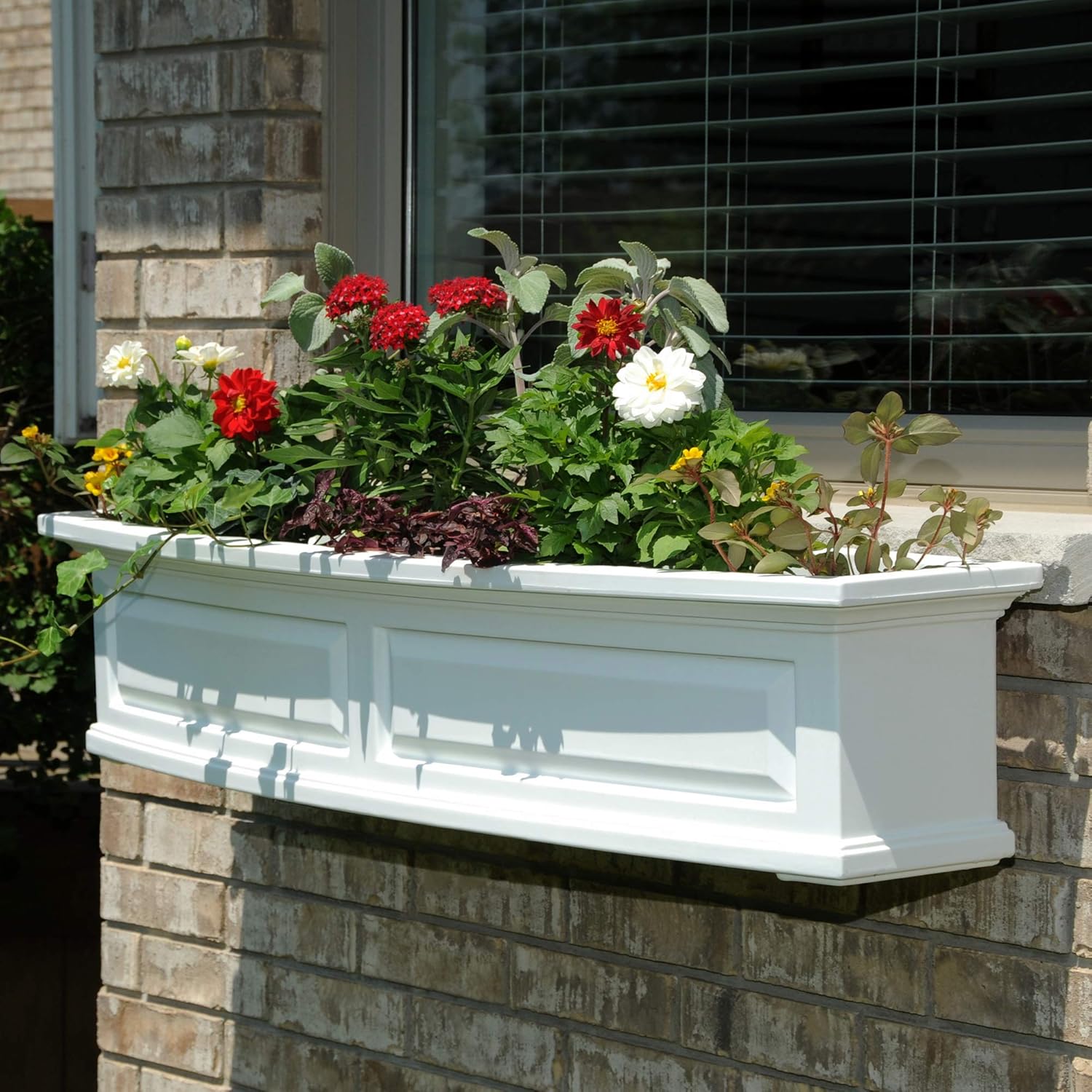 Mayne Nantucket 4ft Window Box - White - 48in L x 11.5in W x 10in H - Polyethylene - Built-in Water Reservoir (4831-W)