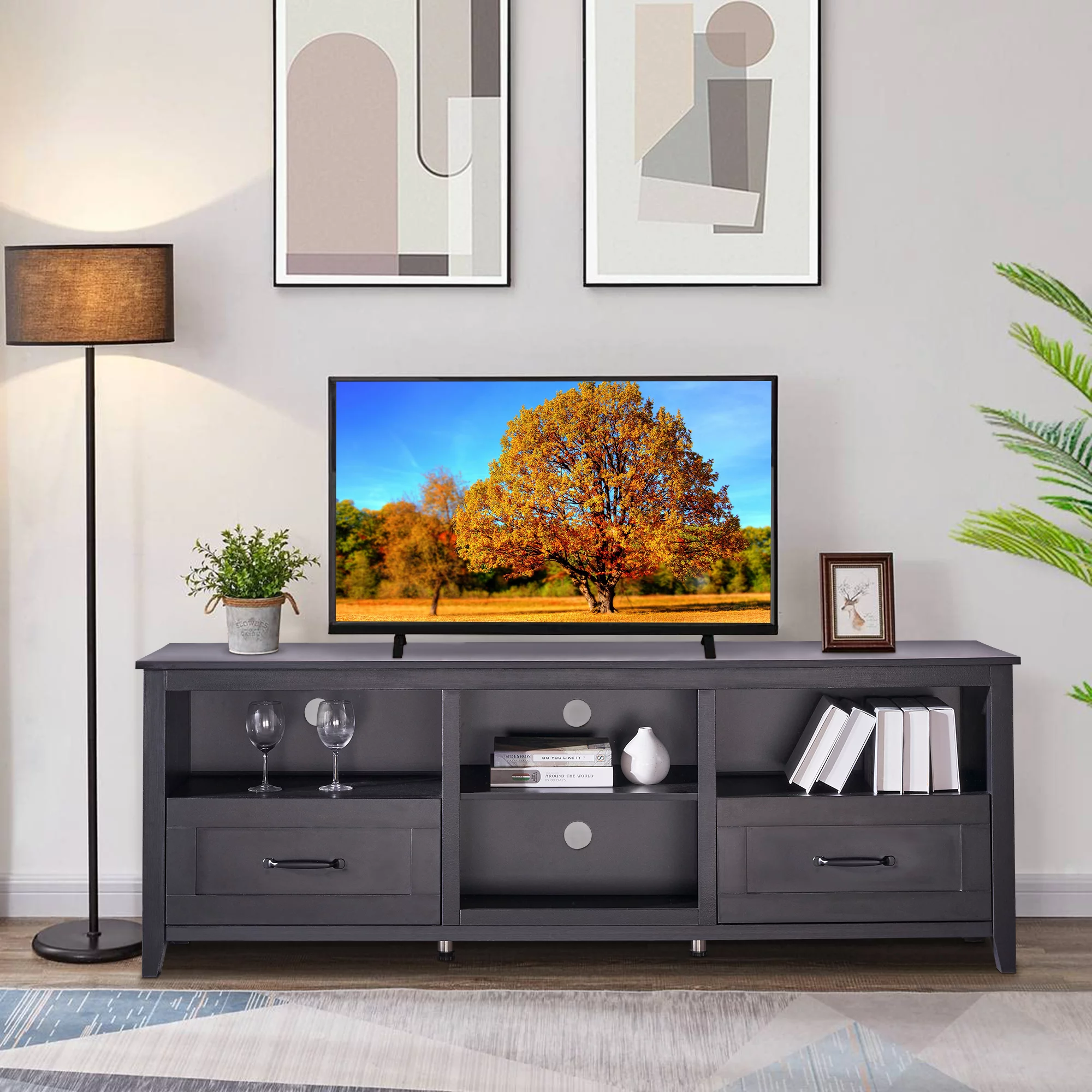 SYNGAR Industrial TV Stand for TV up to 70 inches, Wood TV Console Table Stand with 2 Storage Drawers and 4 Open Compartments, Home Living Room Entertainment Center, Black, 70"L x 15"W x 25"H