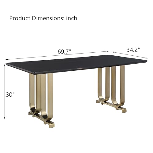 Faux Marble Dining Table for 6 Person, 63" Marble Kitchen Table with Craft Glass Tabletop and Black Legs, Luxury Large Long Dining Room Table for Home Kitchen Office (Table Only)