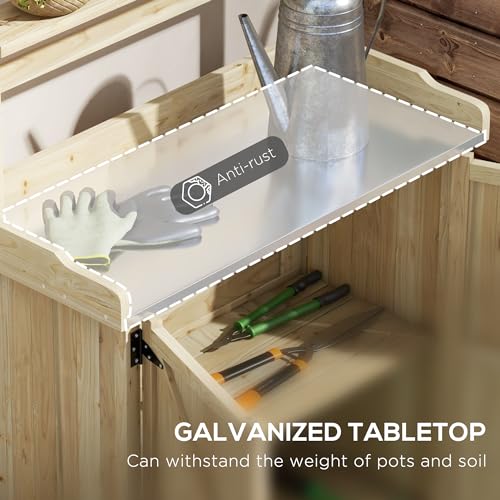 Farmhouse Outdoor Wooden Potting Table with 2 Door Cabinets Garden Workbench with Galvanized Table Top and 2 Shelves Outdoor Potting Bench for Patio, Lawn, Yard or Garden (Gray)