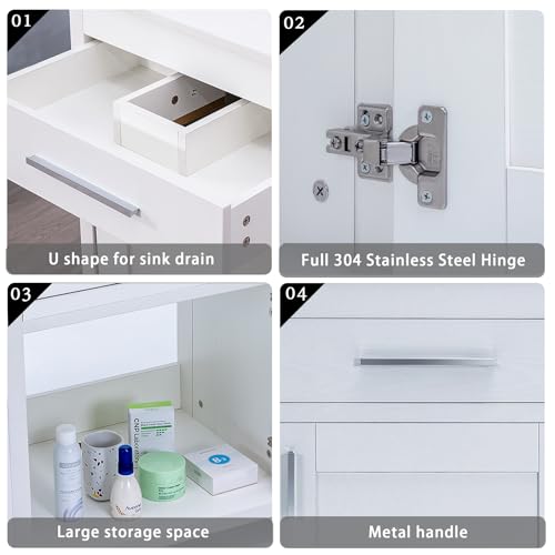 24 Inch Bathroom Vanity Sink Combo, Modern Pedestal Vanity Set, Sink Stand Under Sink Storage Cabinet Basin Vessel Sink with Chrome Faucet, Pop Up (WHITE WOOD 99B)