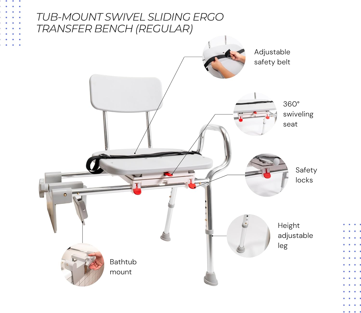 Tub-Mount Swivel Transfer Bench, Weight Capacity 350 LBs, for Safety Shower, for Elderly & Disabled (78768)