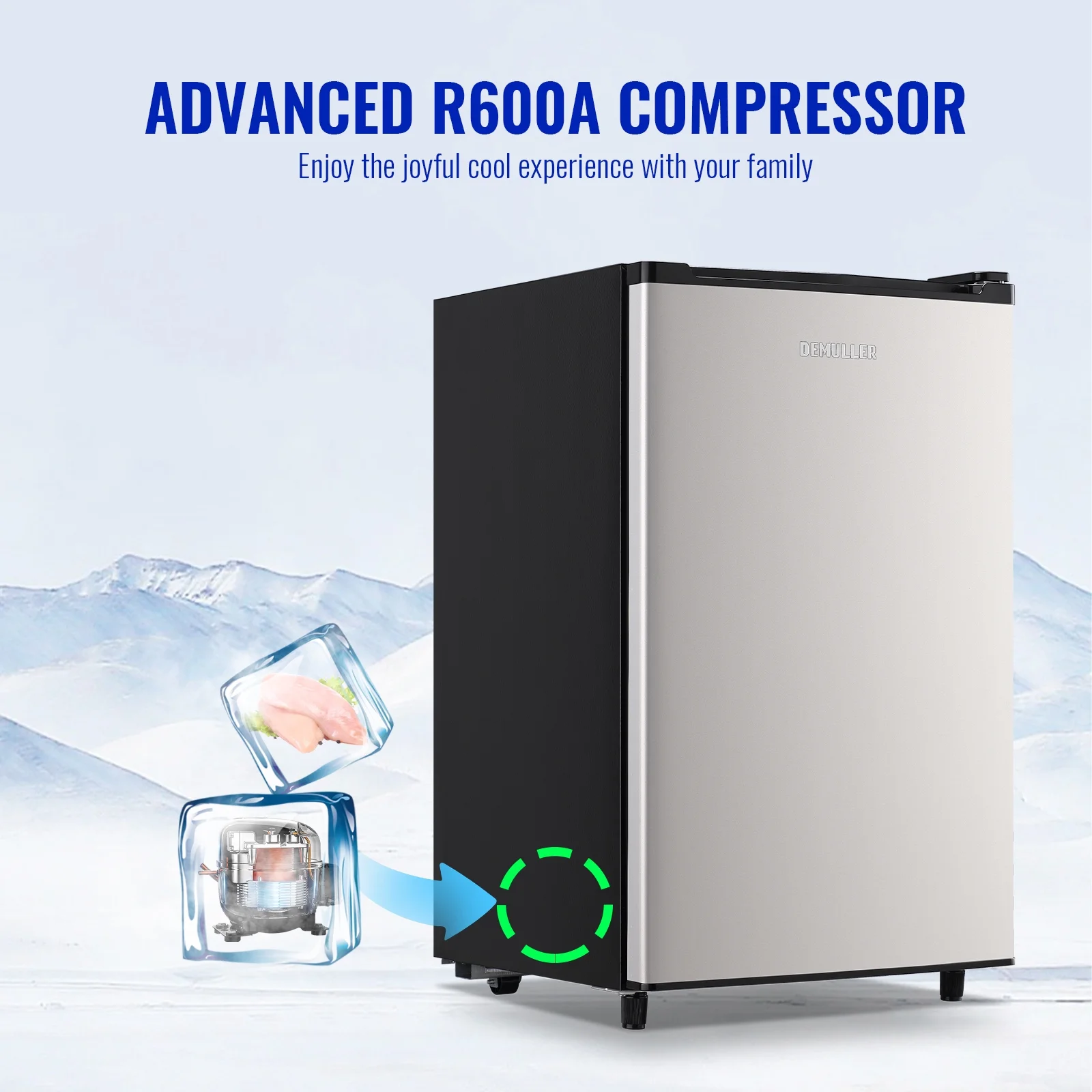 DEMULLER Single Door Compact Freezer with 7 Adjustable Temp Control, Silver 3.2 Cu.Ft Upright Freezer