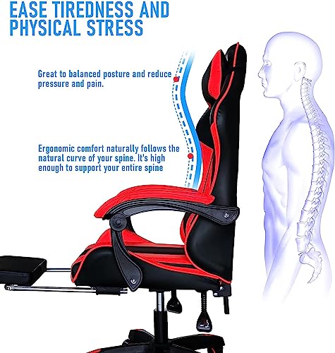 Gaming Chair, Ergonomic Computer Chair with Lumbar Support, Office Chair with Footrest, Swivel Chair Adjustable with Headrest, Red