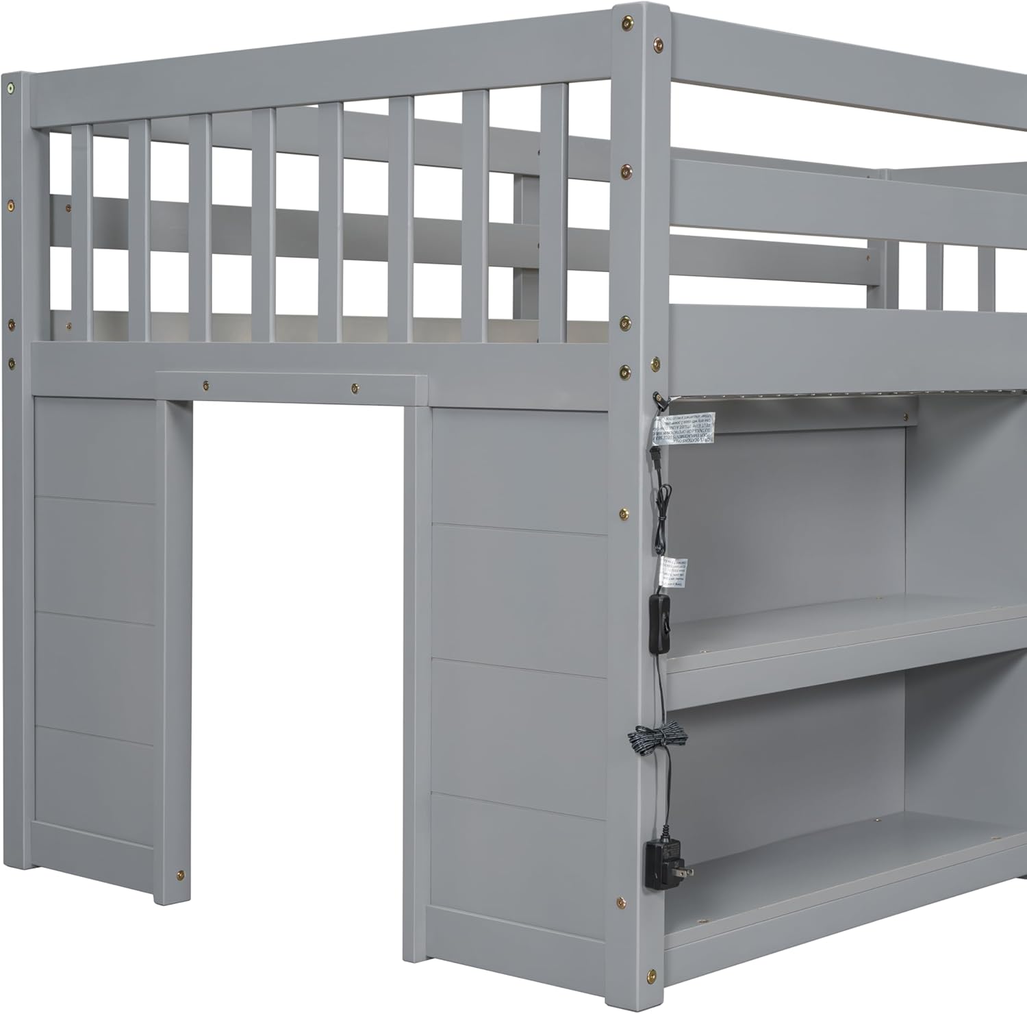 LED Twin Size Low Loft Bed for Kids,Twin Loft Bed with Storage Shelves,Kids Low Loft Bed Frame with LED Light,Space Saving, Grey
