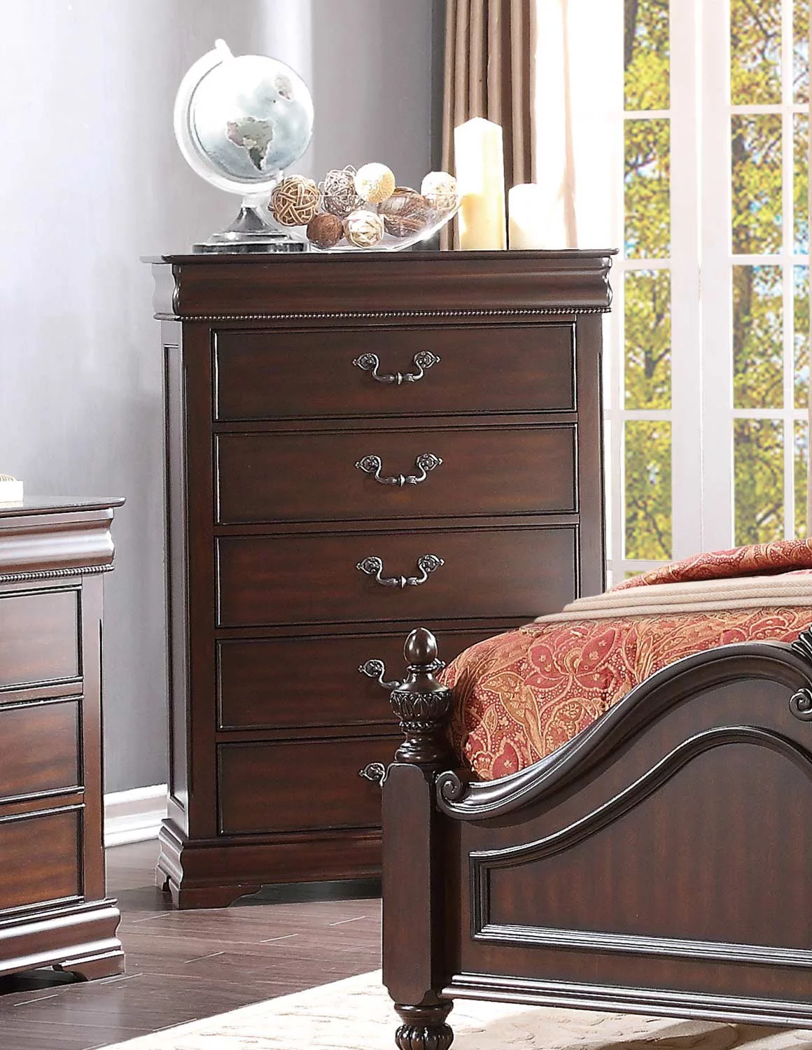 Martel Queen Louis Philippe 5 Piece Bedroom Set with Chest in Dark Cherry Finish
