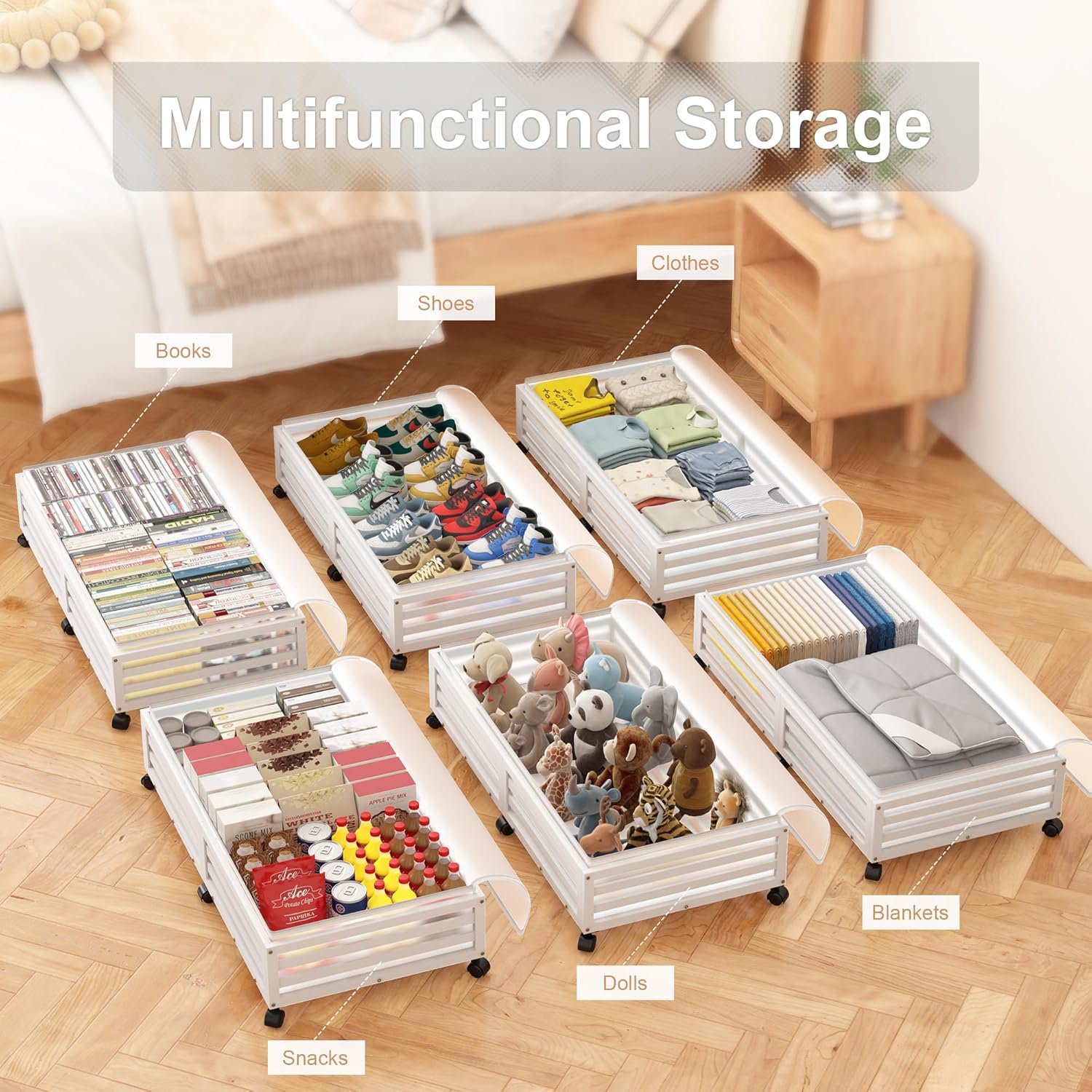 Under Bed Storage Containers With Wheels - 2 Pcs Bamboo Wood Rolling Shoe Storage Bins With Dust Bags for Clothes Blankets, Duvet Covers Snacks Toys (White)