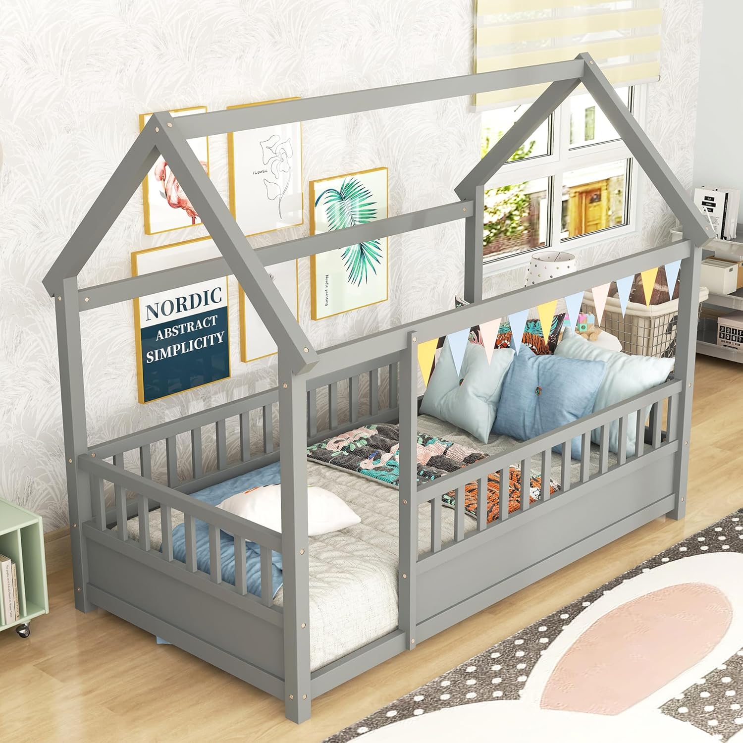 House Floor Bed Twin Size, Twin Montessori Floor Bed with High Fence, Twin Size House Bed for Kids, Girls, Boys(Twin Gray)