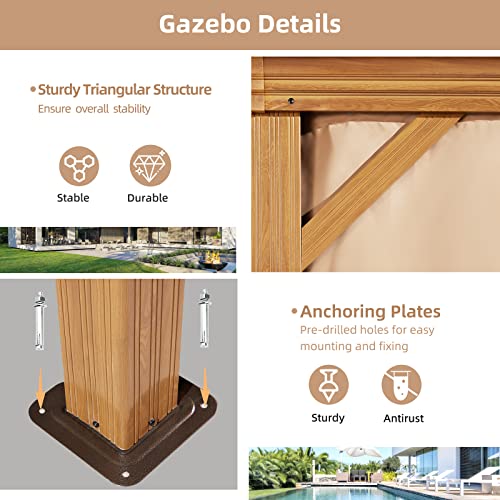 MELLCOM 12'x16' Hardtop Gazebo, Galvanized Steel Metal Double Roof Canopy with Curtains and Netting, Brown Permanent Pavilion Gazebos with Aluminum Frame for Garden, Patio, Lawns, Deck