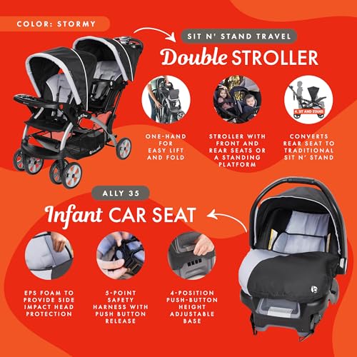 Baby Trend Sit N Stand Double Stroller & Single Infant Car Seat Travel System w/Safety Harnesses and Cover for Infants and Toddlers, 2 Pc Set, Stormy