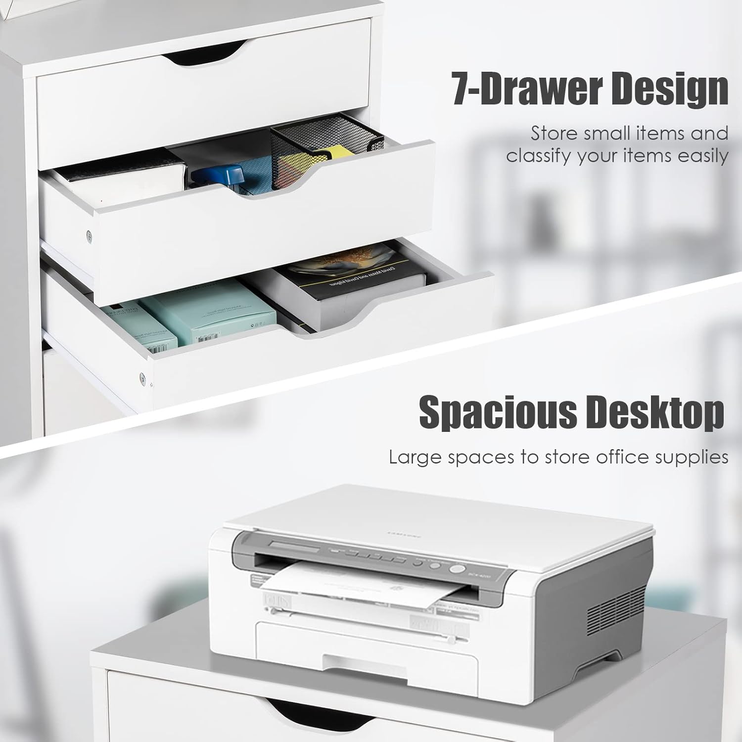 7 Drawers File Cabinet, 34.5”Vertical Filing Cabinet for Home Office, Under Desk Storage Cabinet with Wheels, Mobile Chest of Drawers, Lateral Rolling Printer Stand, White