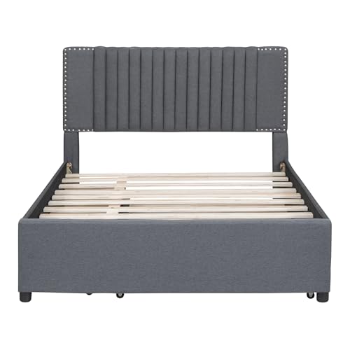 Full Size Linen Upholstered Platform Bed Frame with Twin XL Trundle and 2 Drawers Classic Headboard Design No Box Spring Required Noise Free Strong Wood Slat Support Easy to Assemble Beige