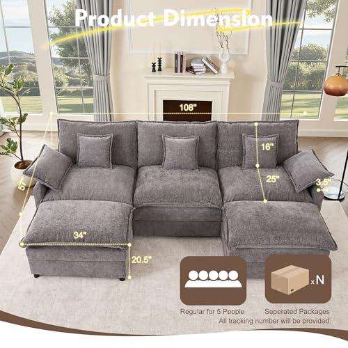108" U Shaped Couch, Modular Sectional Sofa, 3-Seater Comfy Cloud Couch with Movable Ottoman, Deep Seat Couches for Living Room, Chenille, Black