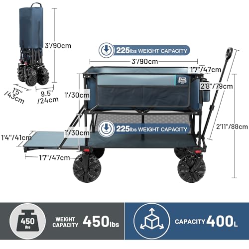 TIMBER RIDGE 400L Large Capacity Folding Double Decker Wagon, 54" Extra Long Extender Wagon Cart, 450lbs Heavy Duty Collapsible Wagon, All-Terrain Big Wheels for Camping, Sports, Shopping, Gray