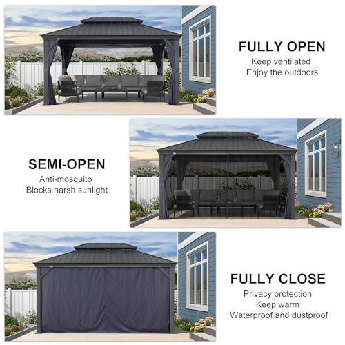 PURPLE LEAF 10' X 14' Permanent Hardtop Gazebo Aluminum Gazebo with Galvanized Steel Double Roof for Patio Lawn and Garden, Curtains and Netting Included, Grey