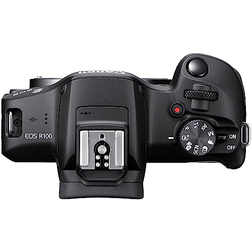 Canon EOS R100 Mirrorless Camera w/RF-S 18-45mm f/4.5-6.3 STM Lens + Wide Angle & Telephoto Lenses + 64GB Memory + 3pc Filter Kit + Case + Flash + Tripod