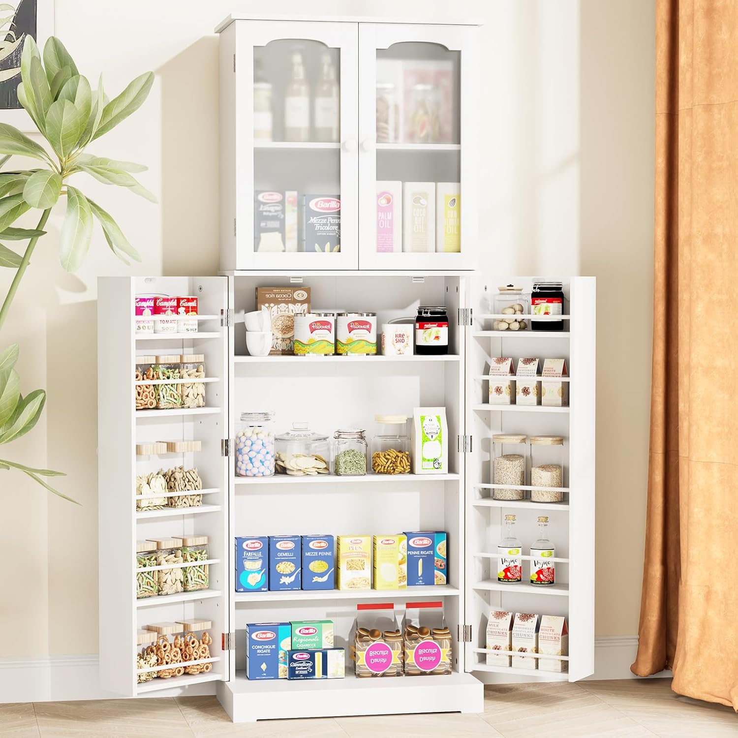 HOME BI 64" Kitchen Pantry Cabinet, Tall Freestanding Pantry with Glass Doors,Wooden Food Pantry Storage cabinet for Home Kitchen, Dining Room, Living Room(White, 23.62W x 11.81D x 63.58H)