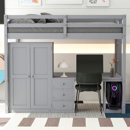 Wooden Full Size Loft Bed with Wardrobe, Desk and Storage Drawers,for Kids Teens Adults Bedroom Use (White@Drawers, Full)