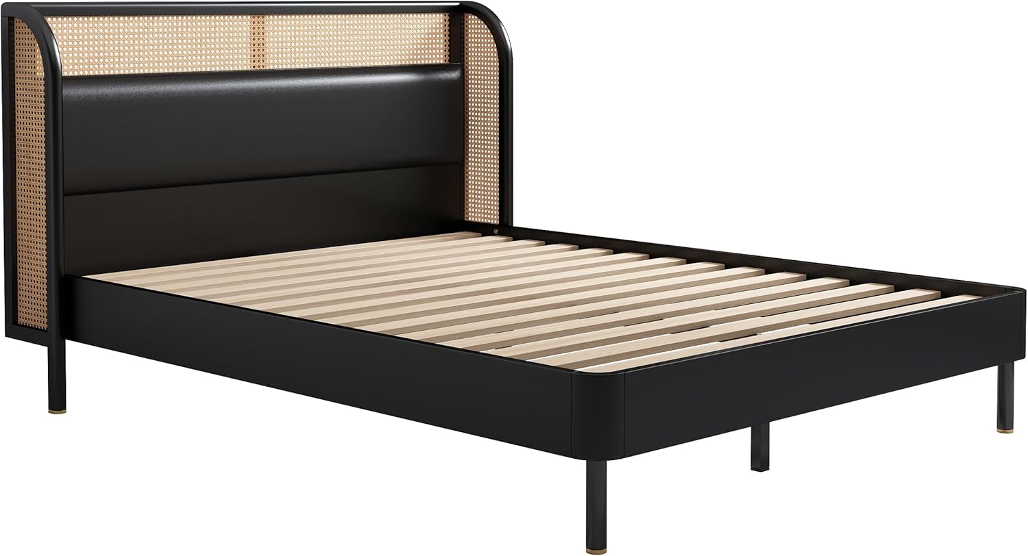 Rattan Platform Bed Queen Size with Wingback Headboard, Mattress Foundation w/Strong Wooden Slats, Modern Queen Bed Frame No Box Spring Needed, No Noise