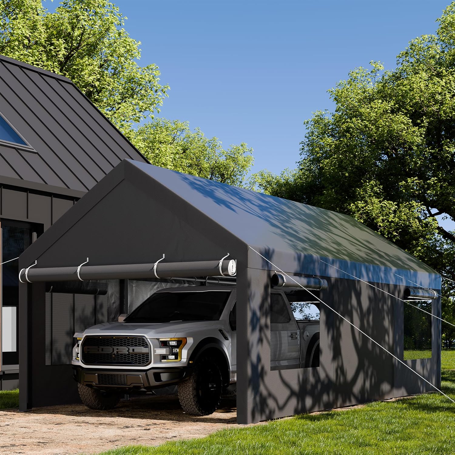 JAMFLY Carport, 10x18.5 ft Heavy Duty Car Canopy with Roll-up Windows, Portable Garage with Removable Sidewalls & Doors, Car Canopy with All-Season Tarp for Car, Truck, Boat