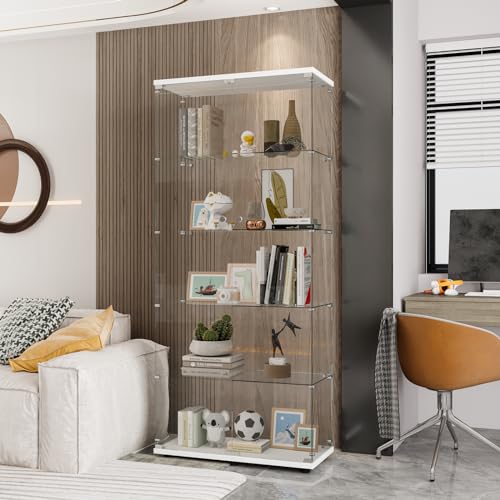 4-Tier Glass Display Cabinet, Double Door with Locks, 31.5" x 14.2" x 66.3", White, Floor Standing, for Living Room, Bedroom, Showroom, Office