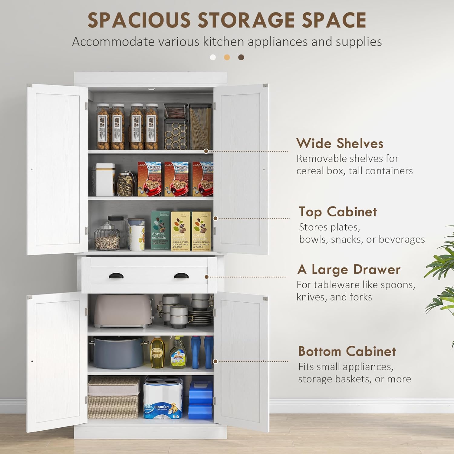 72.5" Height Kitchen Pantry Cabinet, Farmhouse Freestanding Storage Cupboard with 4 Doors, One Drawer, 3 Adjustable Shelves, Hutch Bar Cabinet for Dining Room, Bathroom, Kitchen