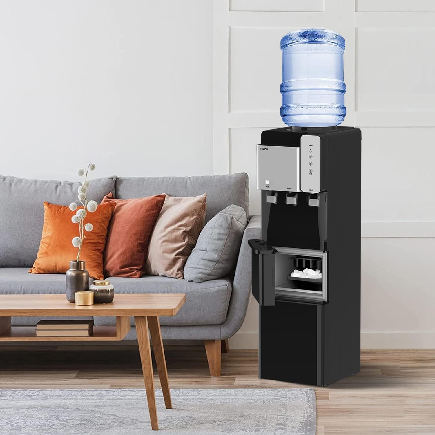Hot and Cold Water Cooler Dispenser with Ice Maker 5 Gallon Bottle Top Load Built-in Ice Maker Perfect for Home Office