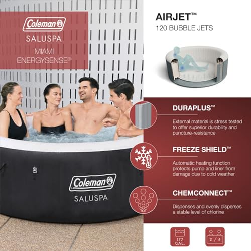 Coleman SaluSpa Miami AirJet 2 to 4 Person Round Inflatable Hot Tub Portable Outdoor Spa with 120 Soothing AirJets and Insulated Cover, Black