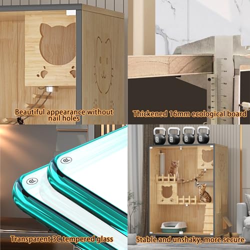 HUATOL Wooden Large Indoor Cat Enclosure, Indoor/Outdoor Cat Cage Large Space with Wheels, Multi-Feature Enclosed Cat Condo for Indoor Cats Ventilation Glass Doors, 50" X 36" X 24"