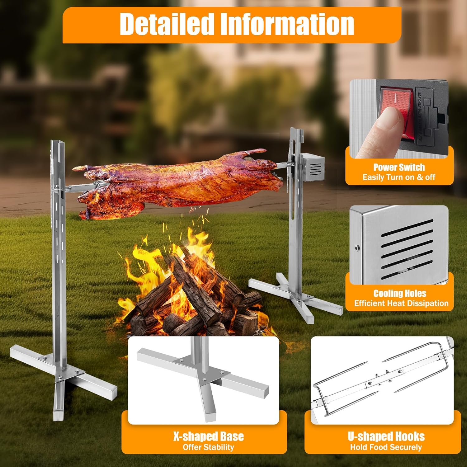 TUQI 53" Electric Rotisserie Grill 88 Lbs Capacity, Pig Lamb Spit Roaster Stand Rotisserie with Adjustable Height, BBQ Charcoal Rotisserie Grill Kit Stainless Steel for Outdoor Party Camping
