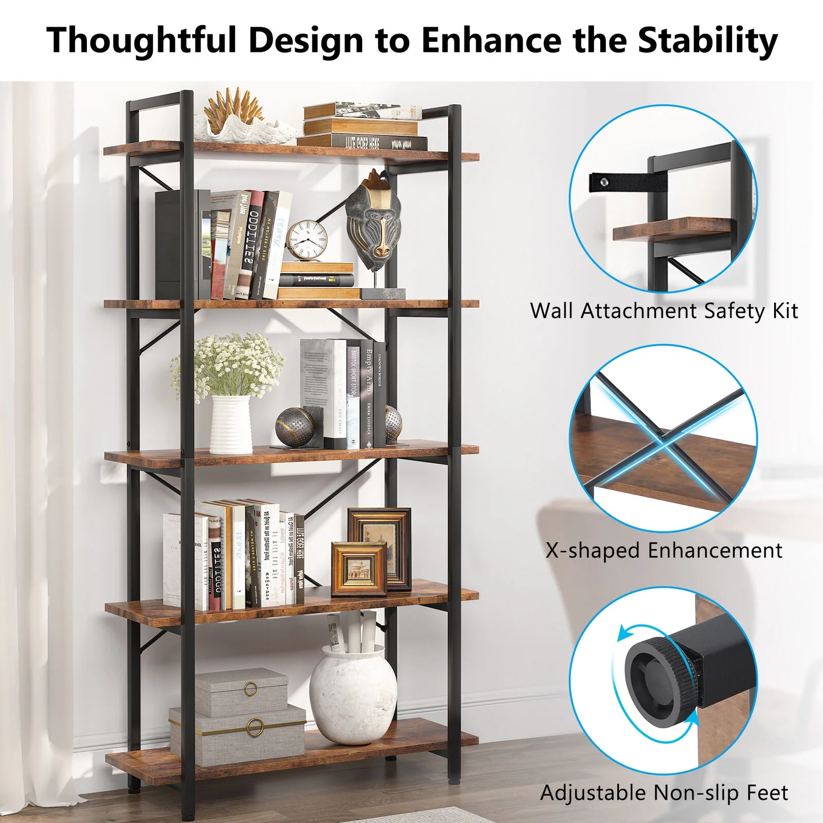 Tribesigns 5 Tier Shelf Unit for Living Room Office 62.99"H Rustic Brown Bookcase