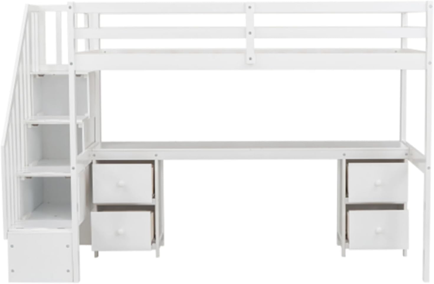 Simple double loft bunk bed frame with built-in desk and double storage drawers, with ladder fence, white