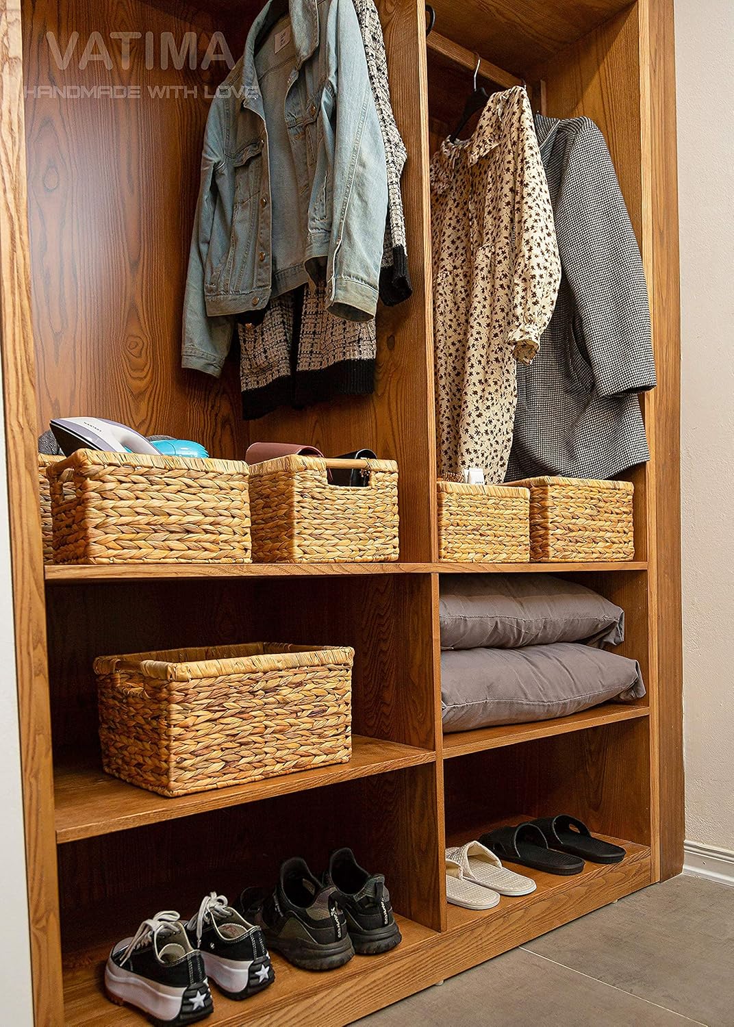VATIMA Large Wicker Basket Rectangular with Wooden Handles for Shelves, Water Hyacinth Basket Storage, Natural Baskets for Organizing, Wicker Baskets for Storage 14.5 x 10.3 x 7.2 inches