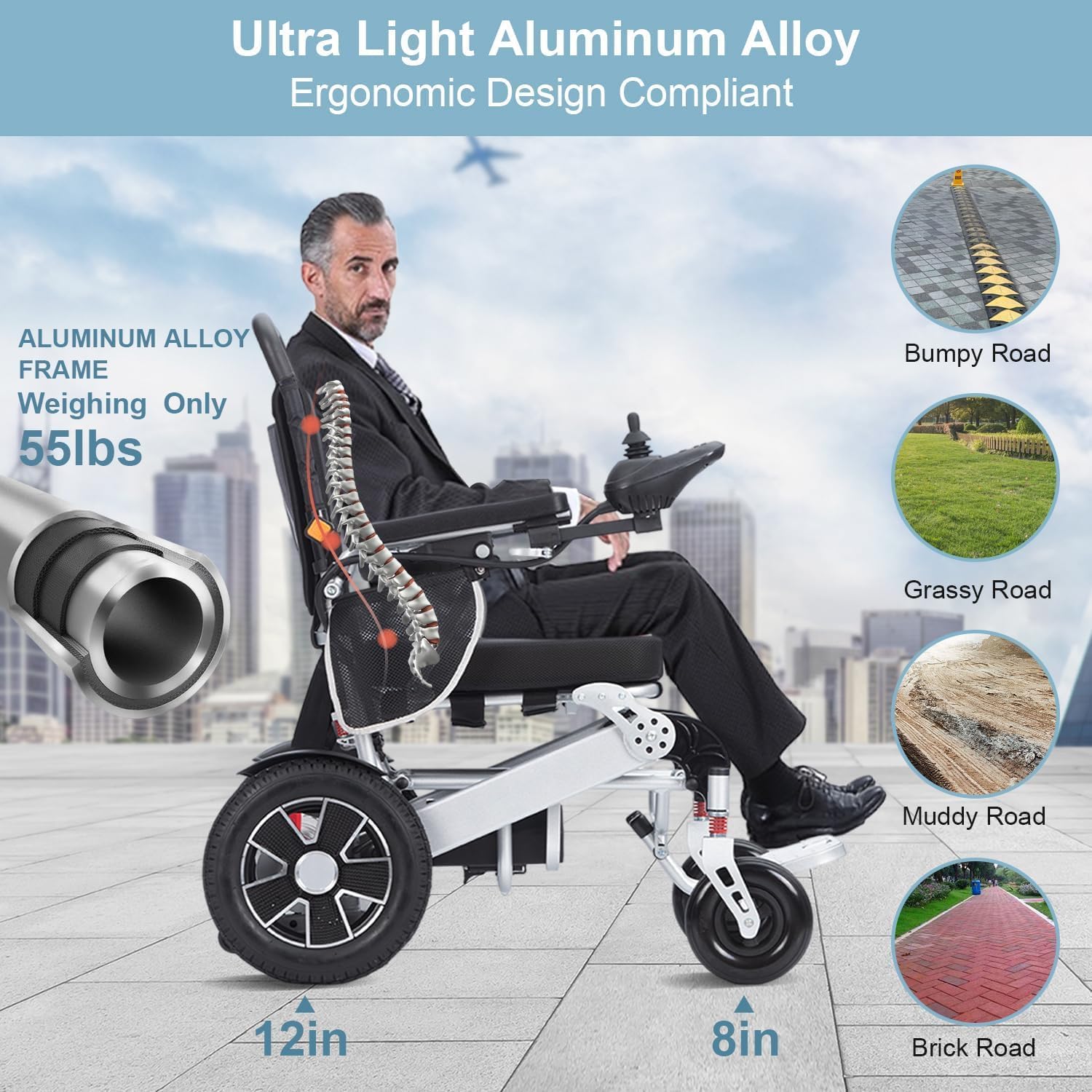 Electric Wheelchair - Lightweight Portable Power Whee Chair -All-Terrain Durable 360° Joystick Control 20 Miles Airline Approved (330lb) Ships from USA