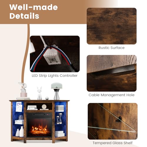 Fireplace Corner TV Stand, Entertainment Center for 50 Inch TV w/LED Lights Adjustable Shelves Overheat Protection Remote/APP Control, TV Console w/Built-in Electric Fireplace (Rustic Brown)