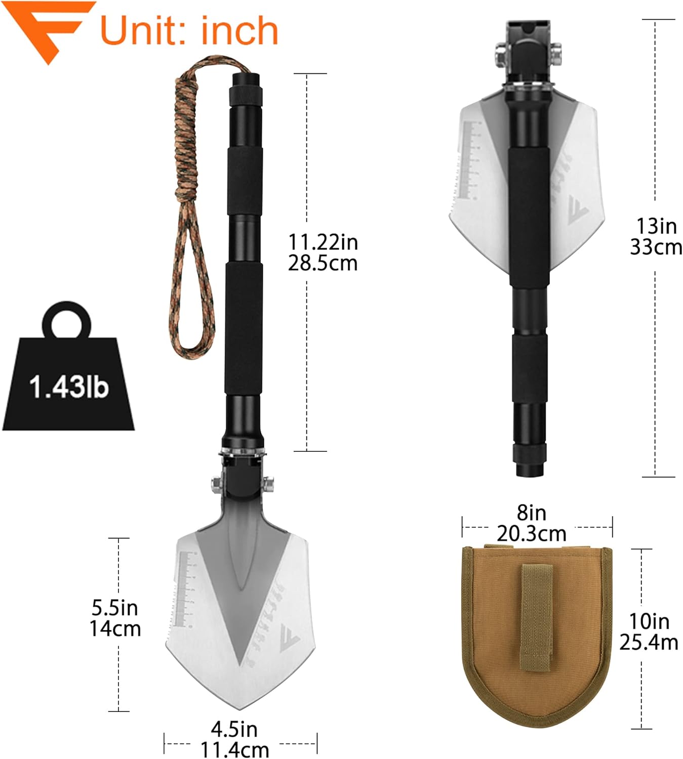 FiveJoy Military Folding Shovel Multitool (C1) - Portable Foldable Survival Tool - Entrenching Backpack Equipment for Hiking Camping Emergency Car - Gifts for Men Dad Husband