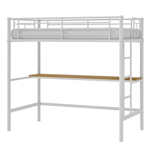 VECELO Metal Loft Bed Twin Size, Heavy Duty Bedframe with Removable Ladder and Safety Guardrail, Space-Saving, Noise Free, No Box Spring Needed, Off White