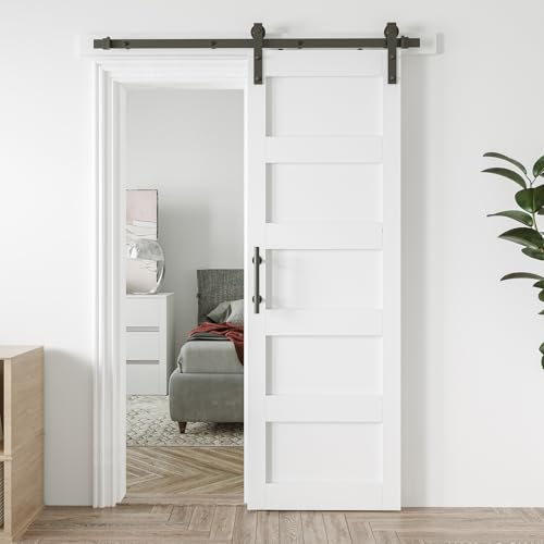 34in x 84in Sliding Barn Door with 6ft Barn Door Hardware Kit & Handle, Pre-Drilled Holes Easy Assembly -Solid Barn Door Slab Covered with Water-Proof PVC Surface, White, 5 Panel