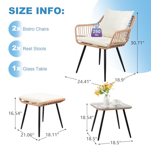3 Pieces Patio Bistro Set, Outdoor Wicker Table and Chairs Set of 2, Rattan Balcony Furniture Set with Cushions for Front Porch Apartment Backyard Deck,Beige
