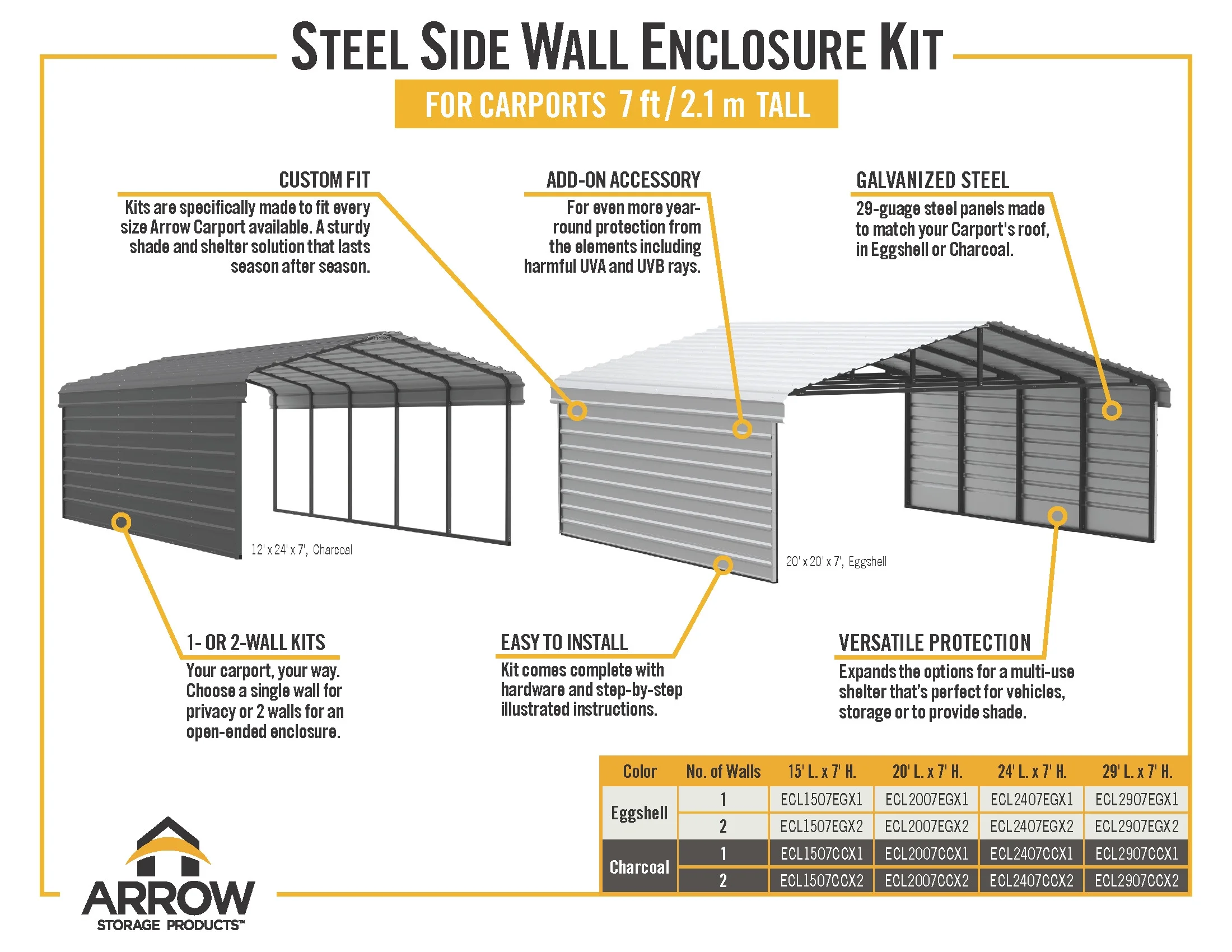 Arrow Carports Galvanized Steel Carport, with 2-Sided Enclosure, Compact Car Metal Carport Kit, 10' x 20' x 7' , Eggshell