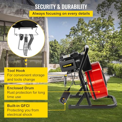 VEVOR 50FTx1/2Inch Drain Cleaner Machine, Sewer Snake Electric Drain Auger Cleaner with 4 Cutter & Foot Switch for 2" to 4" Pipes