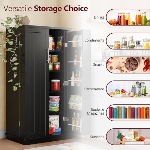 SUNLEI 47" Kitchen Pantry Cabinet, White Food Storage Cabinets with Door and Adjutable Shelves, Freestanding Wooden Dresser for Kitchen, Dining Room, Living Room and Bedroom