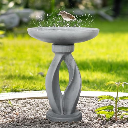 SunJet 25.5 Inch Heigh Wood-Look Concrete Bird Bath with Decorative Faux Bird – birdbath Rustic & Long-Lasting Design, Enhances Garden, Patio, Yard, Lawn Décor